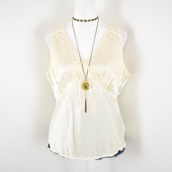 VTG 00s Y2K Ella Rose Cream White Silk Satin Lace Trim Bow V-Neck Slip Tank Top - Picture 4 of 8